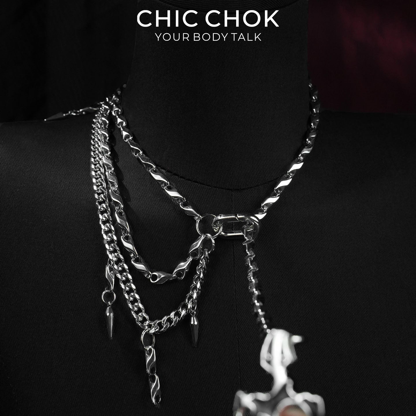 CHICCHOK Cinder Pact | Gothic Flaming Spiked Choker | Asymmetrical Body Chain Drape