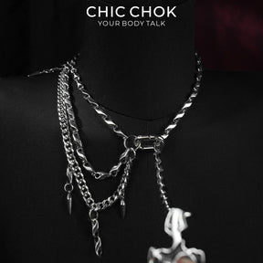 CHICCHOK Cinder Pact | Gothic Flaming Spiked Choker | Asymmetrical Body Chain Drape