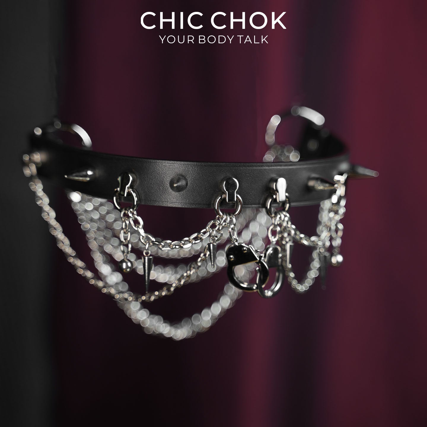 CHICCHOK Shackle Cage Handcuff Choker | Gothic Glossy Black Leather Spiked Collar | Subversive BDSM Aesthetic Industrial Punk Metal Chain Link Body Armor