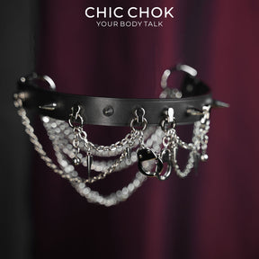 CHICCHOK Shackle Cage Handcuff Choker | Gothic Glossy Black Leather Spiked Collar | Subversive BDSM Aesthetic Industrial Punk Metal Chain Link Body Armor