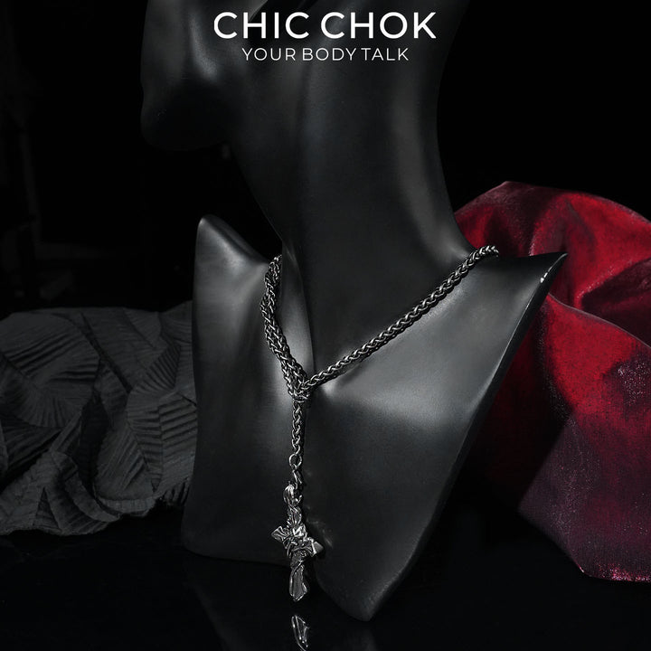CHICCHOK Thorn Canticle | Gothic Thorns Cross Y-Necklace | Medieval Punk Woven Chain Jewelry