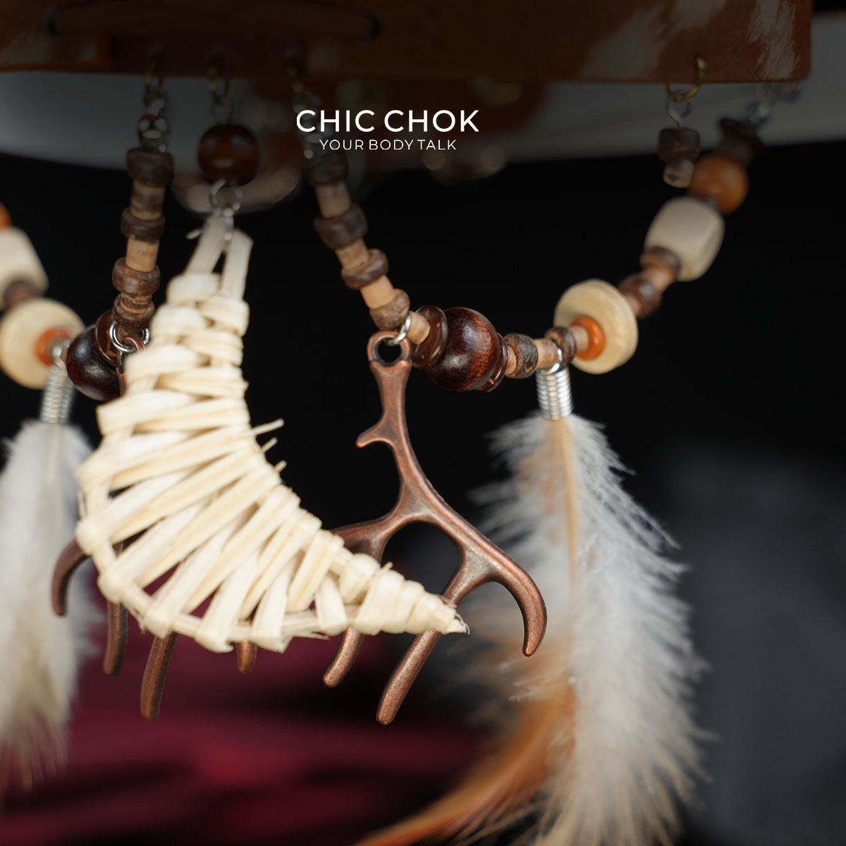 CHICCHOK "Nomadic Moon Anthem" Tribal Horsehair Leather Choker | Woven Crescent & Feather Pendants | Bohemian Festival Neckwear
