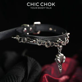 CHICCHOK Raven Messenger | Coleira gótica com crânio de corvo | Coleira de couro preto fosco