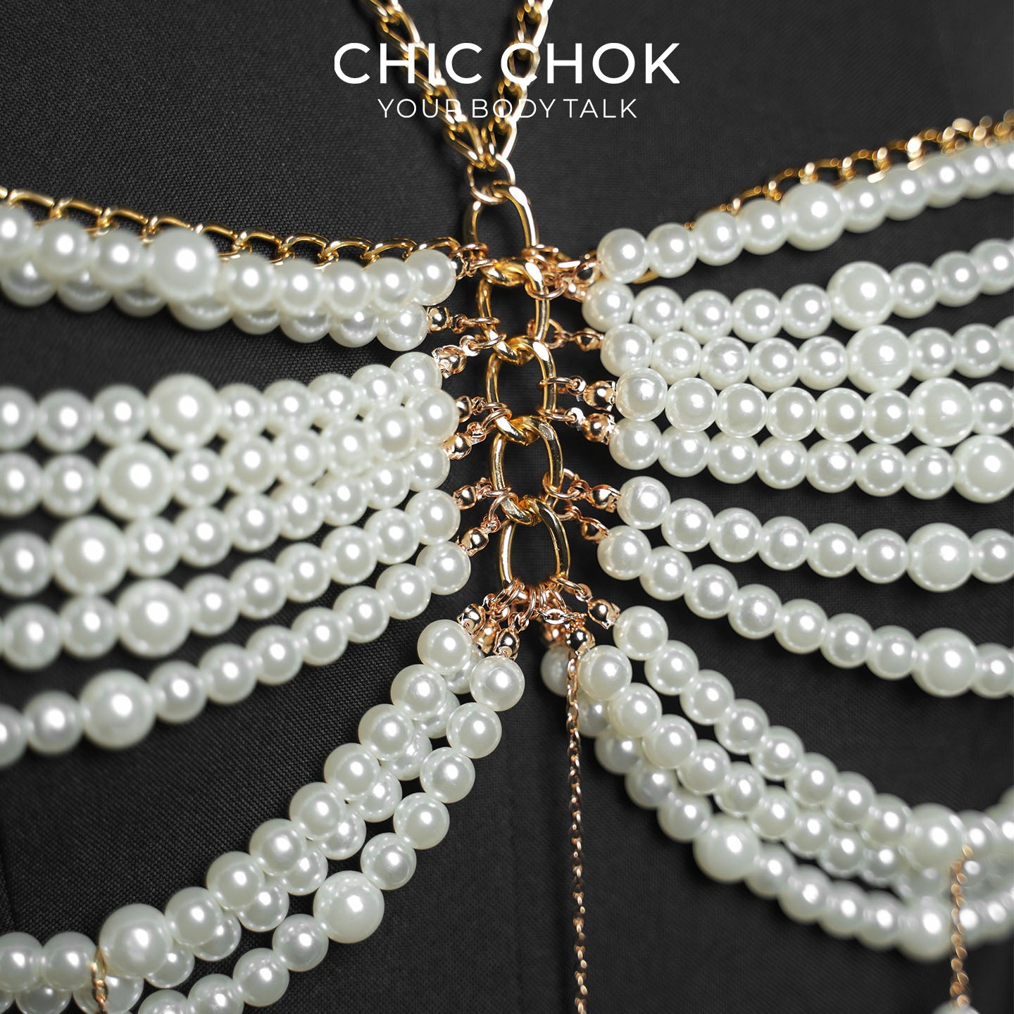 CHICCHOK Golden Pearl Cascade | warstwowy łańcuch na ciało typu halter | uprząż bralette z chwostami i peleryną