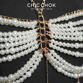 CHICCHOK Golden Pearl Cascade | Layered Halter Body Chain | Tassel Cape Harness Bralette