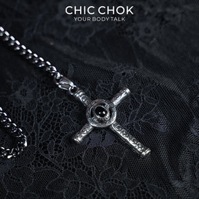 CHICCHOK Gloom Eye Crucifix Y-Lariat Necklace | Stainless Steel Cuban Link Chain | Gothic Vintage Zinc Alloy Cross Pendant Occult Jewelry