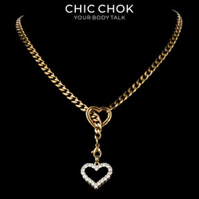 CHICCHOK Gilded Star Haven Y-Lariat Necklace | 18K Gold Plated Stainless Steel Cuban Chain | Vintage Textured Crushed Gold Heart Pendant Coquette Jewelry