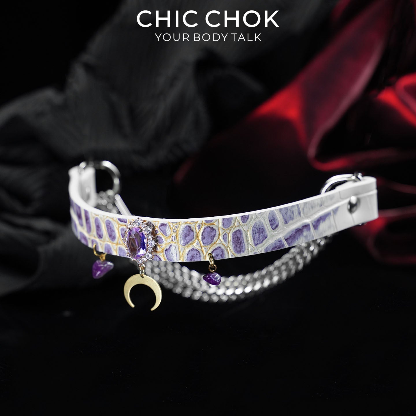 CHICCHOK Tidal Suffocation Genuine Leather Choker | Gothic Purple Zircon Crescent Moon Collar | Luxury Witchcore Cyberpunk Body Armor
