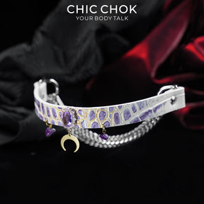 CHICCHOK Tidal Suffocation Genuine Leather Choker | Gothic Purple Zircon Crescent Moon Collar | Luxury Witchcore Cyberpunk Body Armor