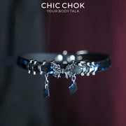 CHICCHOK Phantom Butterfly Bioluminescent Ocean Choker | Luxury Blue-Black Pony Hair Leather Collar | Gothic Zinc Alloy Morpho Butterfly Wave Charm Jewelry for Sensitive Skin CHICCHOK