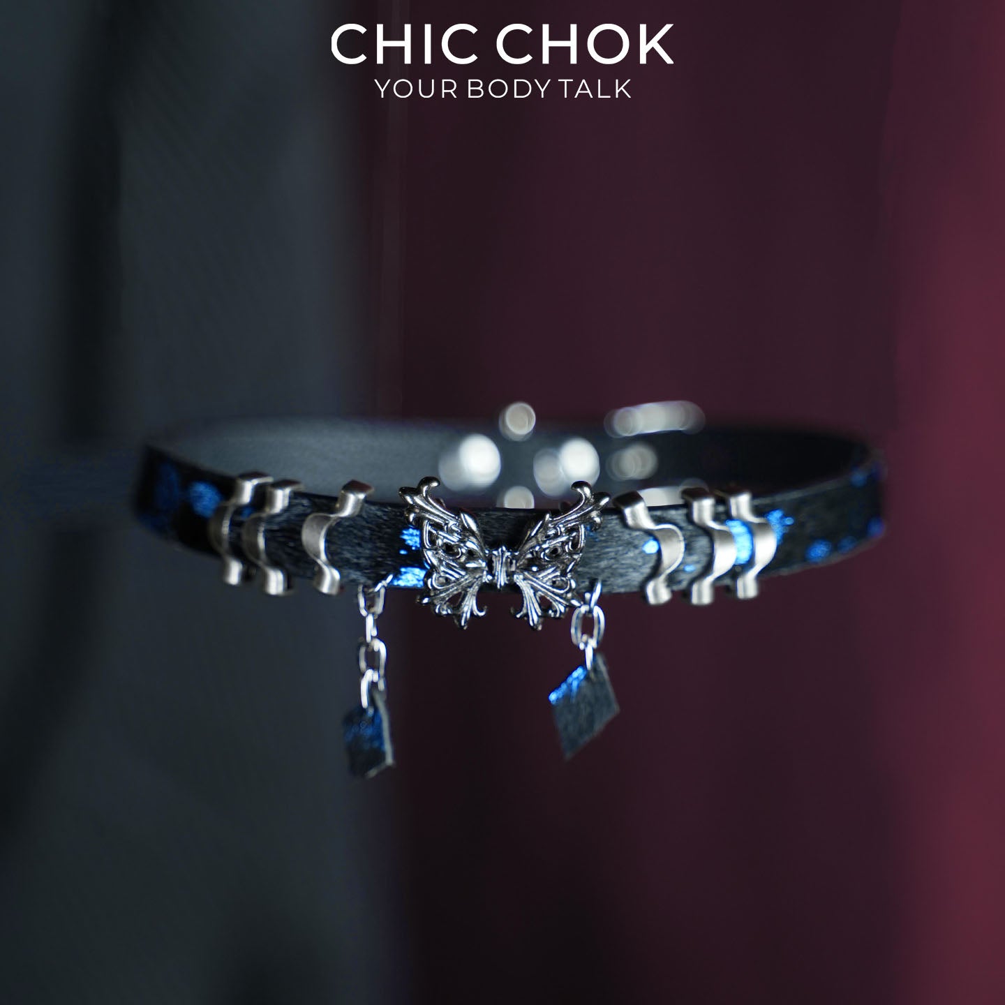 CHICCHOK Phantom Butterfly Bioluminescent Ocean Choker | Luxury Blue-Black Pony Hair Leather Collar | Gothic Zinc Alloy Morpho Butterfly Wave Charm Jewelry for Sensitive Skin CHICCHOK