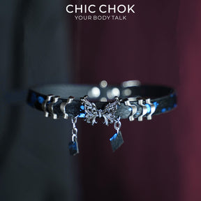 CHICCHOK Phantom Butterfly Bioluminescent Ocean Choker | Luxury Blue-Black Pony Hair Leather Collar | Gothic Zinc Alloy Morpho Butterfly Wave Charm Jewelry for Sensitive Skin CHICCHOK