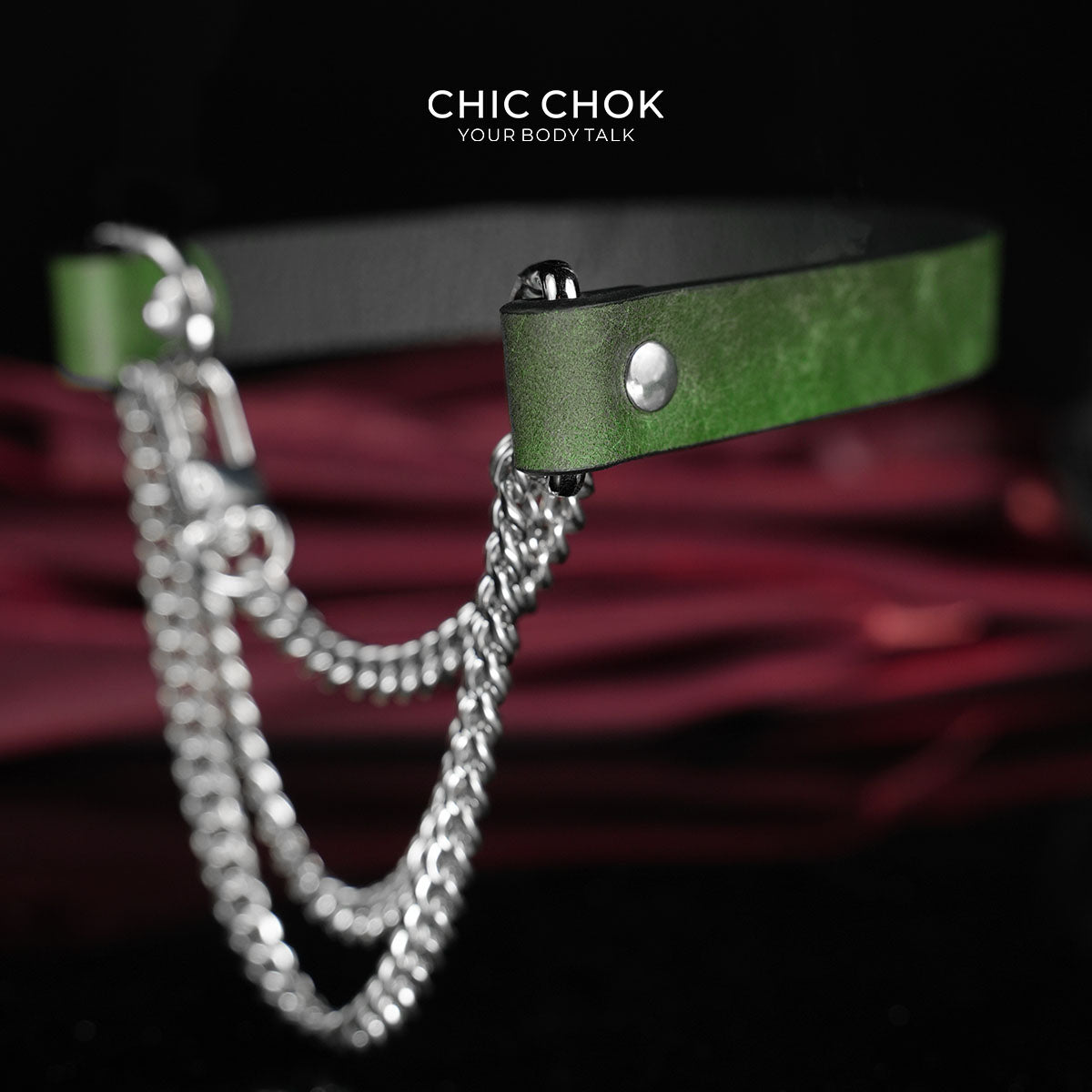CHICCHOK "The Asphyxia" Dark Green Leather Choker | Triple Layered Stainless Steel Chains | Heavy Metal Grunge Subculture Neckwear