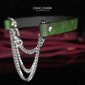 CHICCHOK "The Asphyxia" Dark Green Leather Choker | Triple Layered Stainless Steel Chains | Heavy Metal Grunge Subculture Neckwear