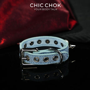 CHICCHOK Hidden Edge Denim Spiked Pearl Bracelet | Gothic Light Blue Washed Canvas Cuff | Y2K Cyberpunk Punk Rock Metal Studded Wristband for Sensitive Skin