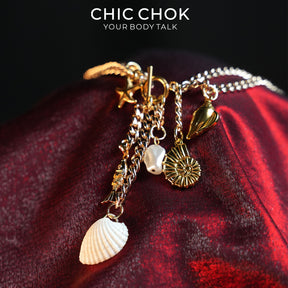CHICCHOK Shattered Gold Coast Pearl Necklace | Handcrafted Stainless Steel Summer Beach Choker | Golden Sea Shell Luxury Baroque Vacation Jewelry