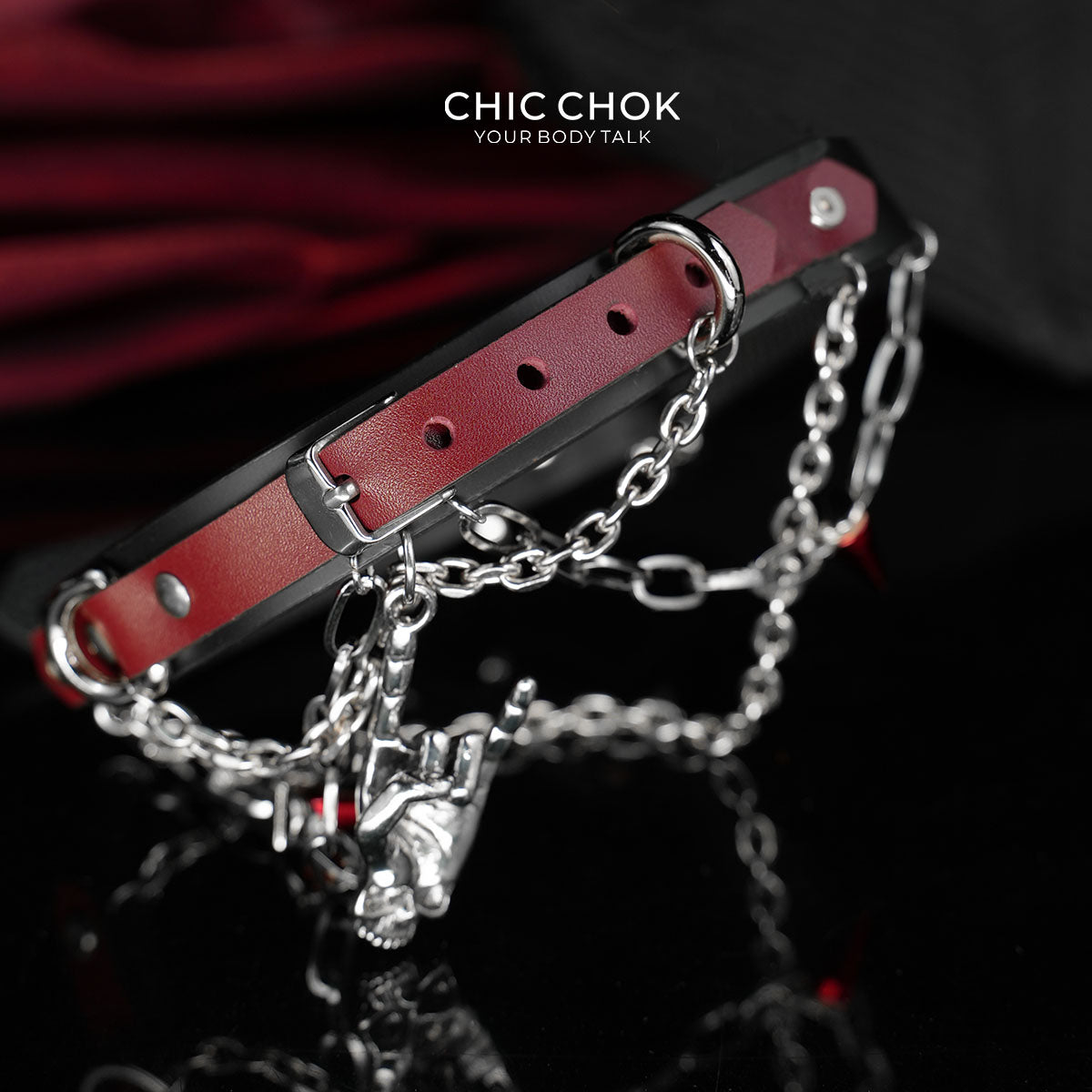 CHICCHOK "Crimson Encore" Layered Leather Choker | Gothic Skeleton Rock Hand Pendant | Heavy Metal Punk Subculture Neckwear