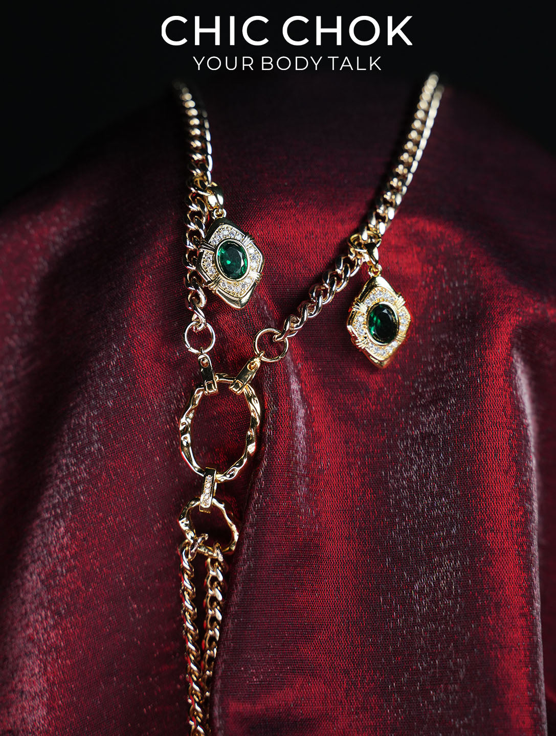 CHICCHOK Gilded Emerald Vigil Y-Lariat Necklace | Handcrafted Titanium Steel Multi-Layer Cuban Chain | Luxury Baroque Green Zircon Pendant Gothic Jewelry