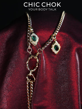 CHICCHOK Gilded Emerald Vigil Y-Lariat Necklace | Handcrafted Titanium Steel Multi-Layer Cuban Chain | Luxury Baroque Green Zircon Pendant Gothic Jewelry