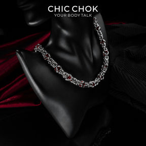 CHICCHOK Crimson Crystal Chain Necklace | Handcrafted Byzantine Stainless Steel Chain | Heavy Industrial Punk Cyber Goth Jewelry