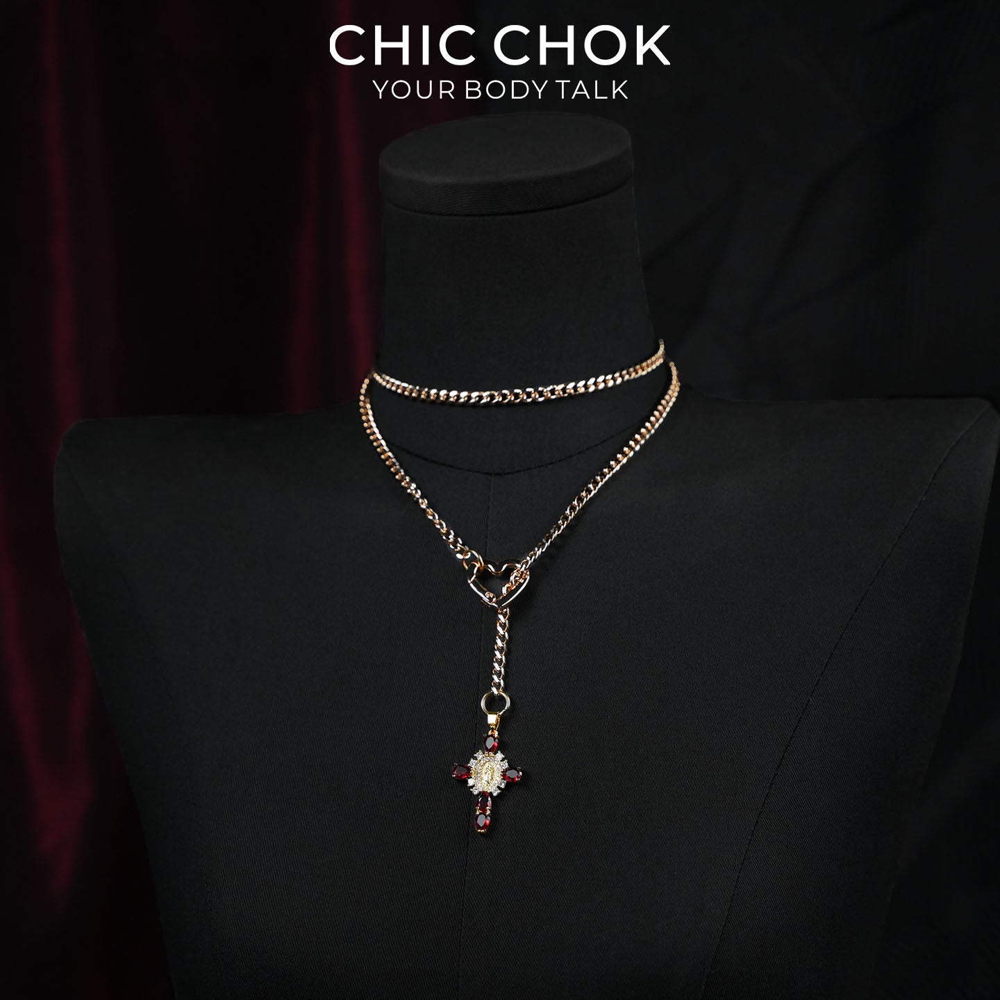 CHICCHOK Sacred Heart Emerald Shadow Y-Lariat Necklace | Gold Plated Baroque Cross Choker | Luxury Zircon Gothic Body Jewelry