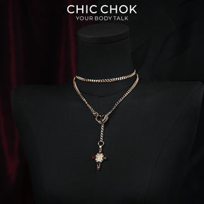 CHICCHOK Sacred Heart Emerald Shadow Y-Lariat Necklace | Gold Plated Baroque Cross Choker | Luxury Zircon Gothic Body Jewelry