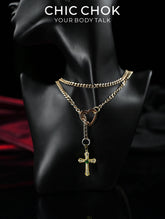 CHICCHOK Sacred Heart Emerald Shadow Kalung Y-Lariat | Choker Salib Barok Berlapis Emas | Perhiasan Tubuh Gotik Mewah Berzircon