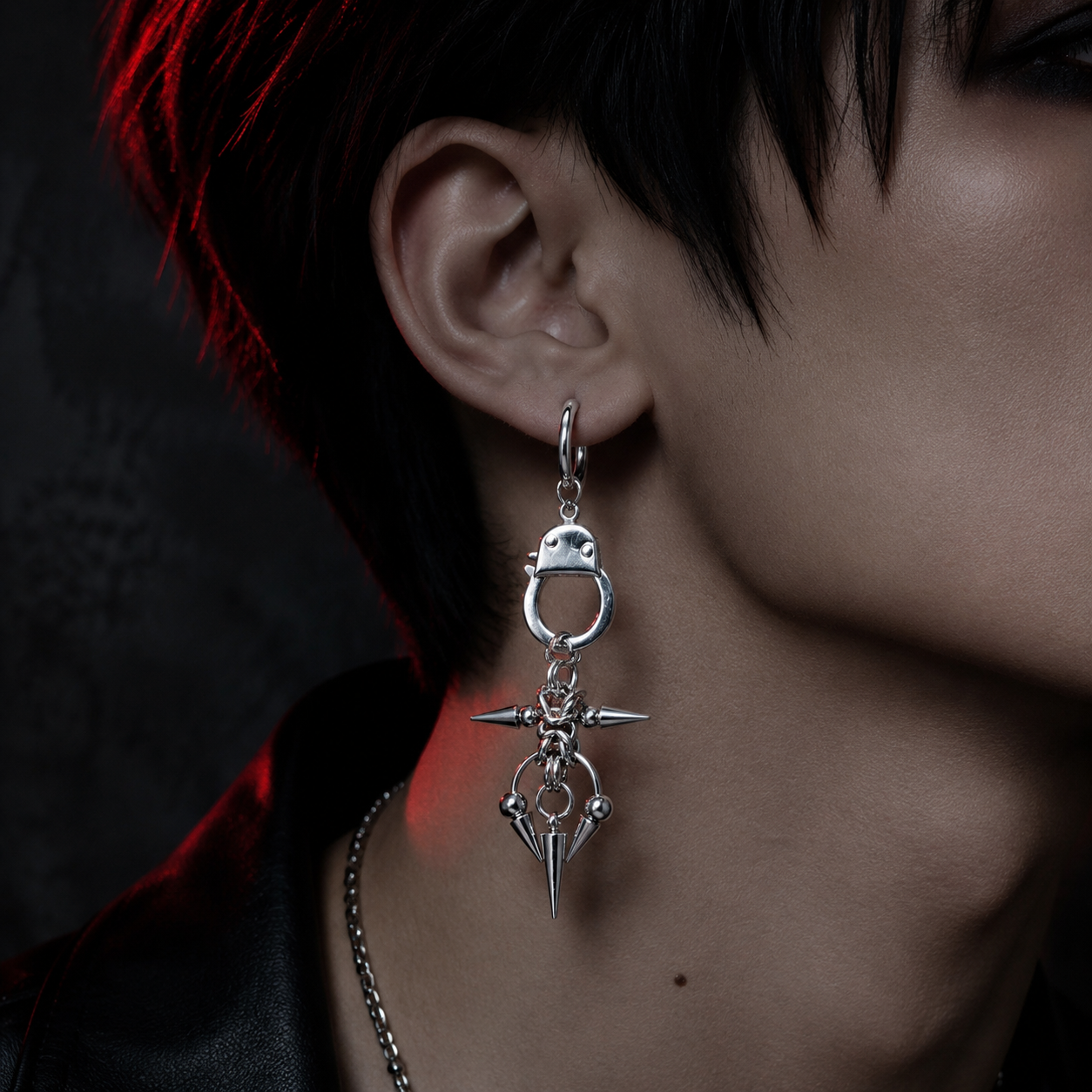 CHICCHOK Imprisoned Cone Shadow Single Earring | Gothic Stainless Steel Handcuff Drop Ear Loop | Subversive Y2K Industrial Punk Spike Tassel Piercing Jewelry for Sensitive Ears