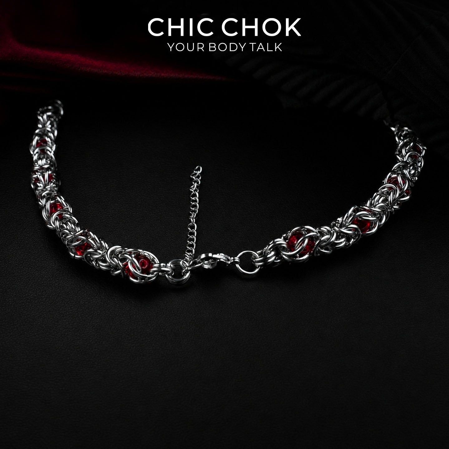 CHICCHOK Crimson Crystal Chain Necklace | Handcrafted Byzantine Stainless Steel Chain | Heavy Industrial Punk Cyber Goth Jewelry