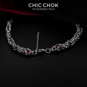 CHICCHOK Crimson Crystal Chain Necklace | Handcrafted Byzantine Stainless Steel Chain | Heavy Industrial Punk Cyber Goth Jewelry