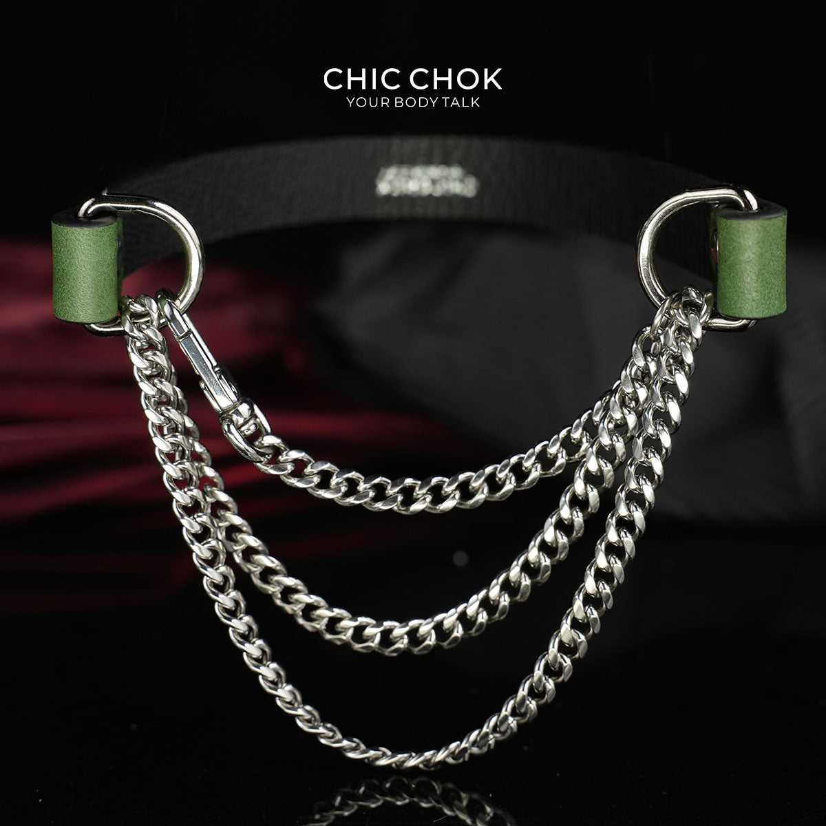 CHICCHOK "The Asphyxia" Dark Green Leather Choker | Triple Layered Stainless Steel Chains | Heavy Metal Grunge Subculture Neckwear