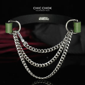 CHICCHOK "The Asphyxia" Dark Green Leather Choker | Triple Layered Stainless Steel Chains | Heavy Metal Grunge Subculture Neckwear
