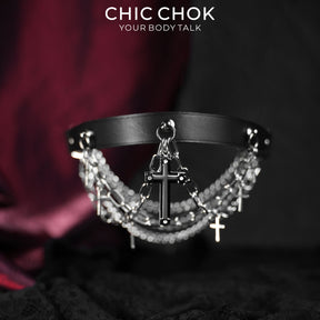 CHICCHOK Stigmata Echo Genuine Leather Choker | Gothic Cross Fringe Collar | Luxury Baroque Subversive Body Armor