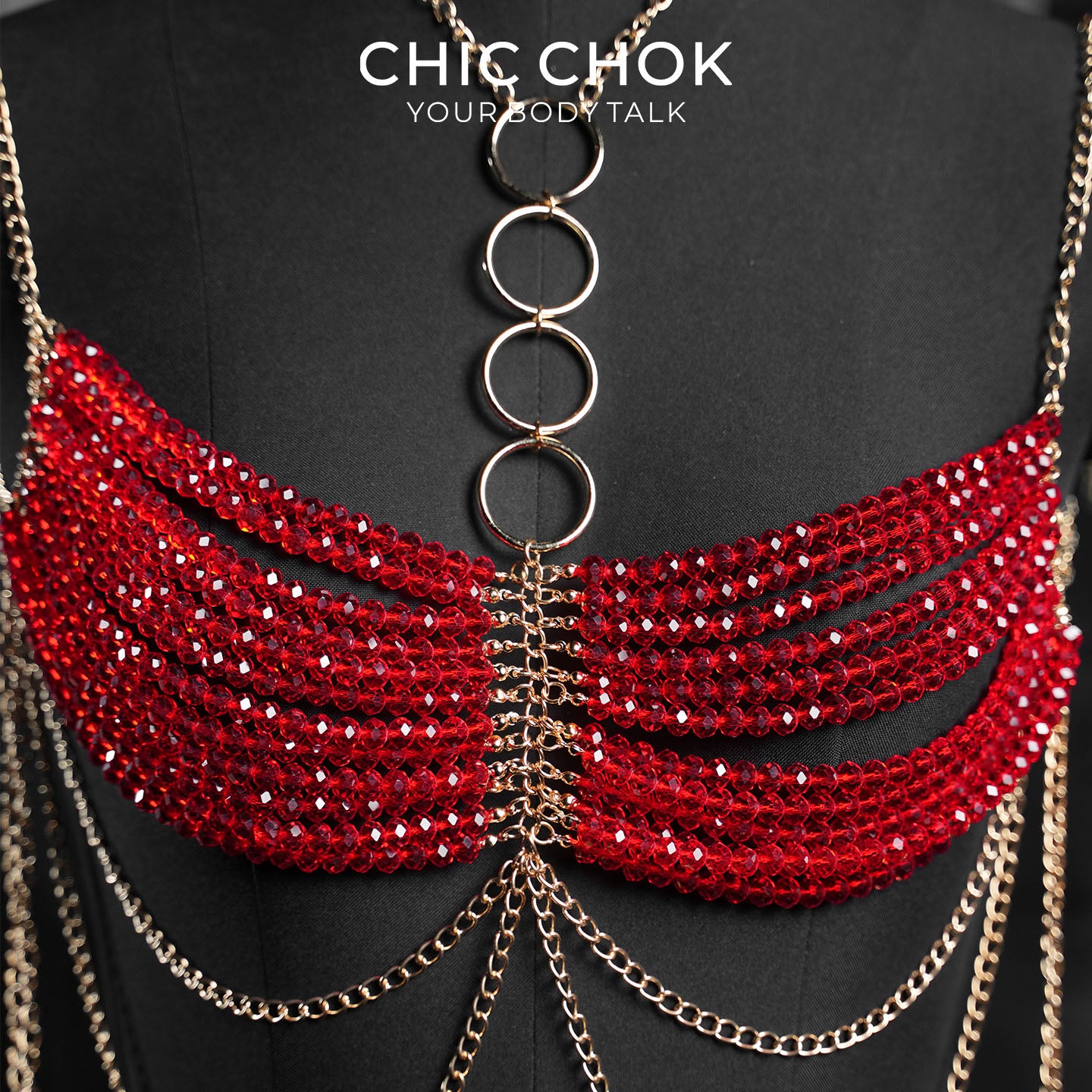 CHICCHOK Gypsy Kiss | Rantai Tubuh Bralette Kristal Merah | Harness Boho Emas Berlapis