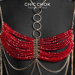 CHICCHOK Gypsy Kiss | Red Crystal Bralette Body Chain | Layered Gold Boho Harness