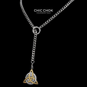 CHICCHOK "Lunar Shackle" Celtic Triquetra Pendant Stainless Steel Y-Necklace | Wiccan Rune & Pentagram Drop Chain | Dark Occult Gothic Streetwear Jewelry