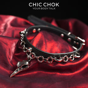 CHICCHOK Raven Messenger | Coleira gótica com crânio de corvo | Coleira de couro preto fosco