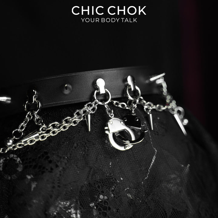 CHICCHOK Shackle Cage Handcuff Choker | Gothic Glossy Black Leather Spiked Collar | Subversive BDSM Aesthetic Industrial Punk Metal Chain Link Body Armor