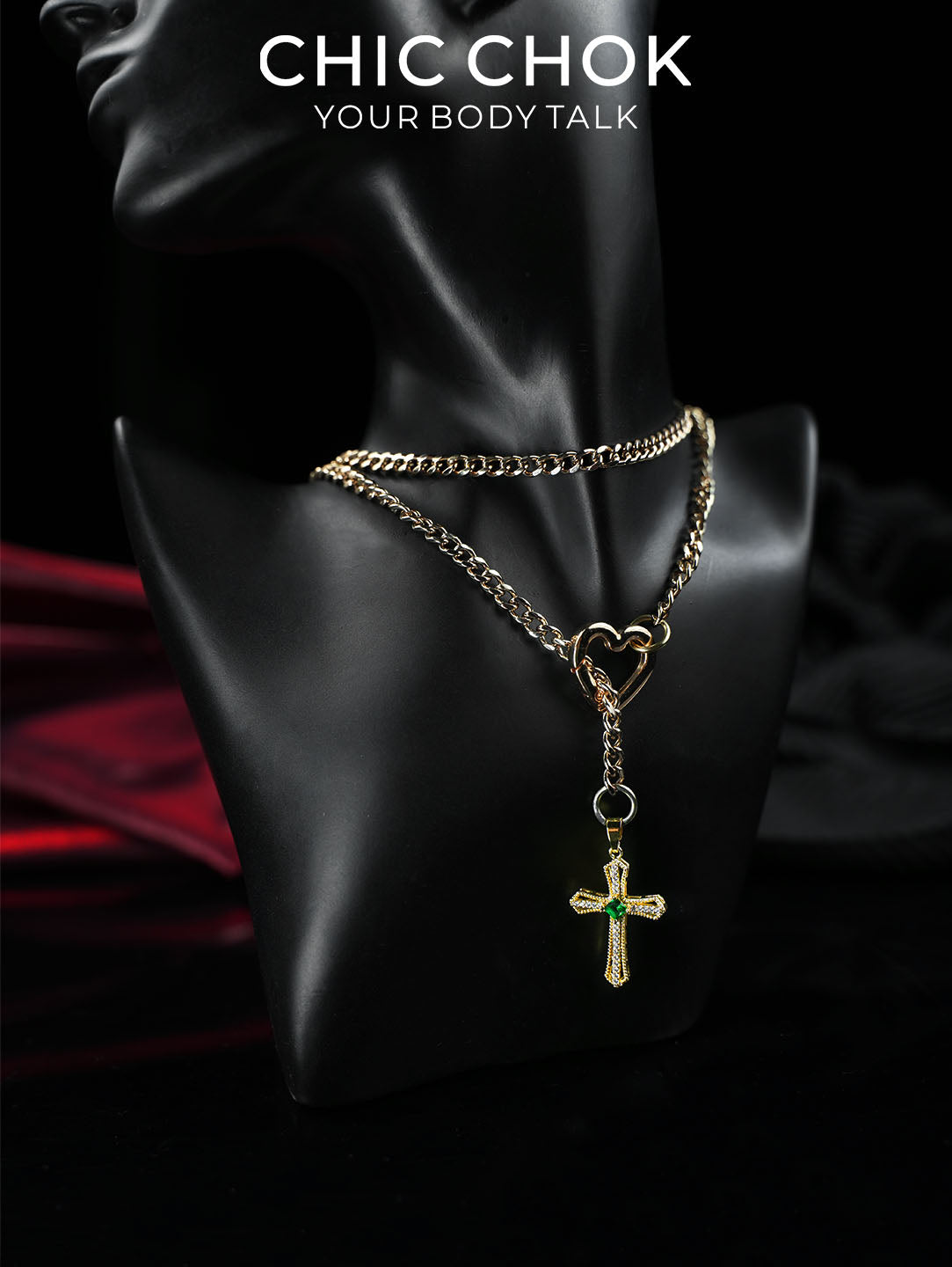 CHICCHOK Sacred Heart Emerald Shadow Y-Lariat Necklace | Gold Plated Baroque Cross Choker | Luxury Zircon Gothic Body Jewelry
