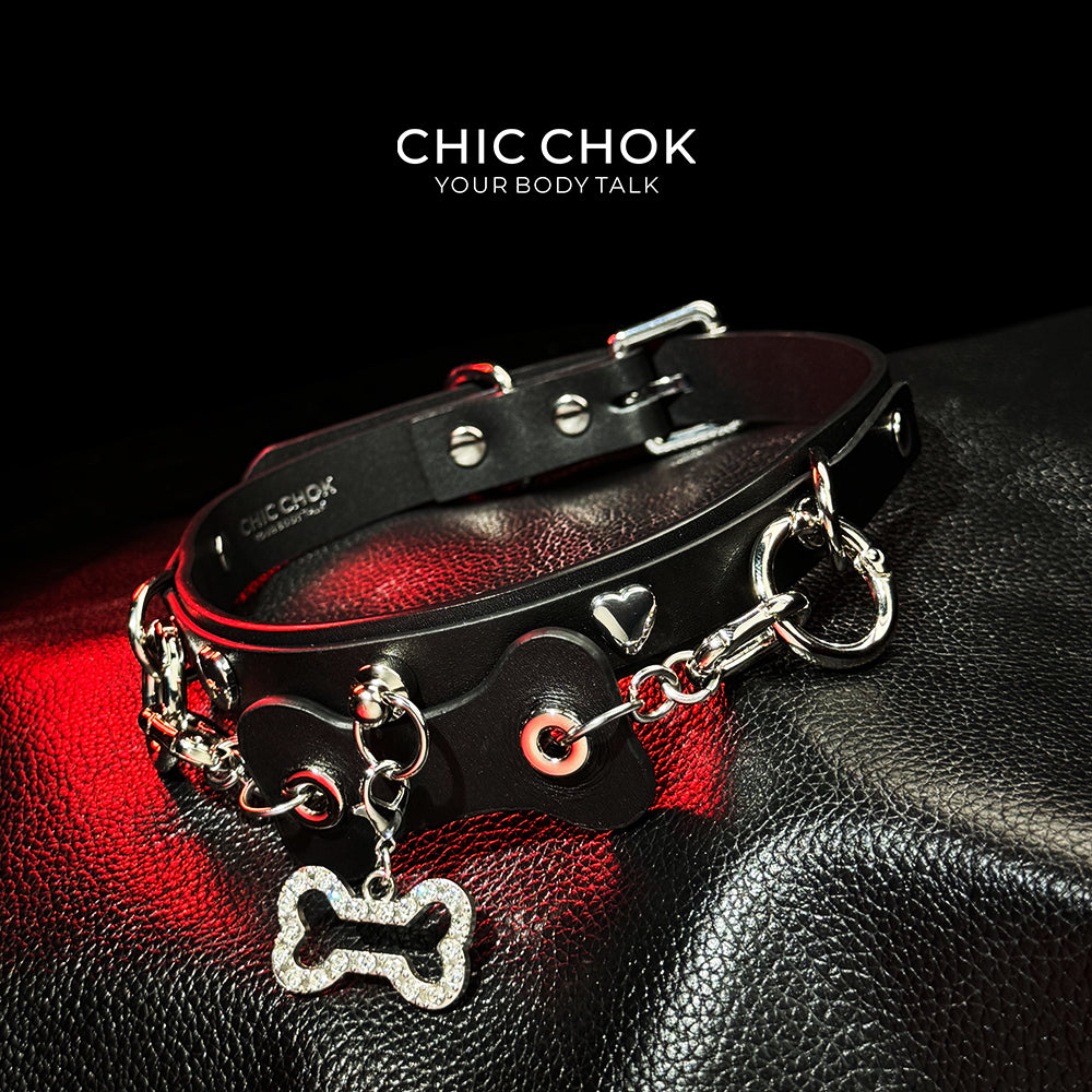 CHICCHOK [Puppy Love] Fashion Cute and Lovely Style, Shiny Bone Shape Pendant Daily Wear Leather Necklace Choker slipchaincollarwomen