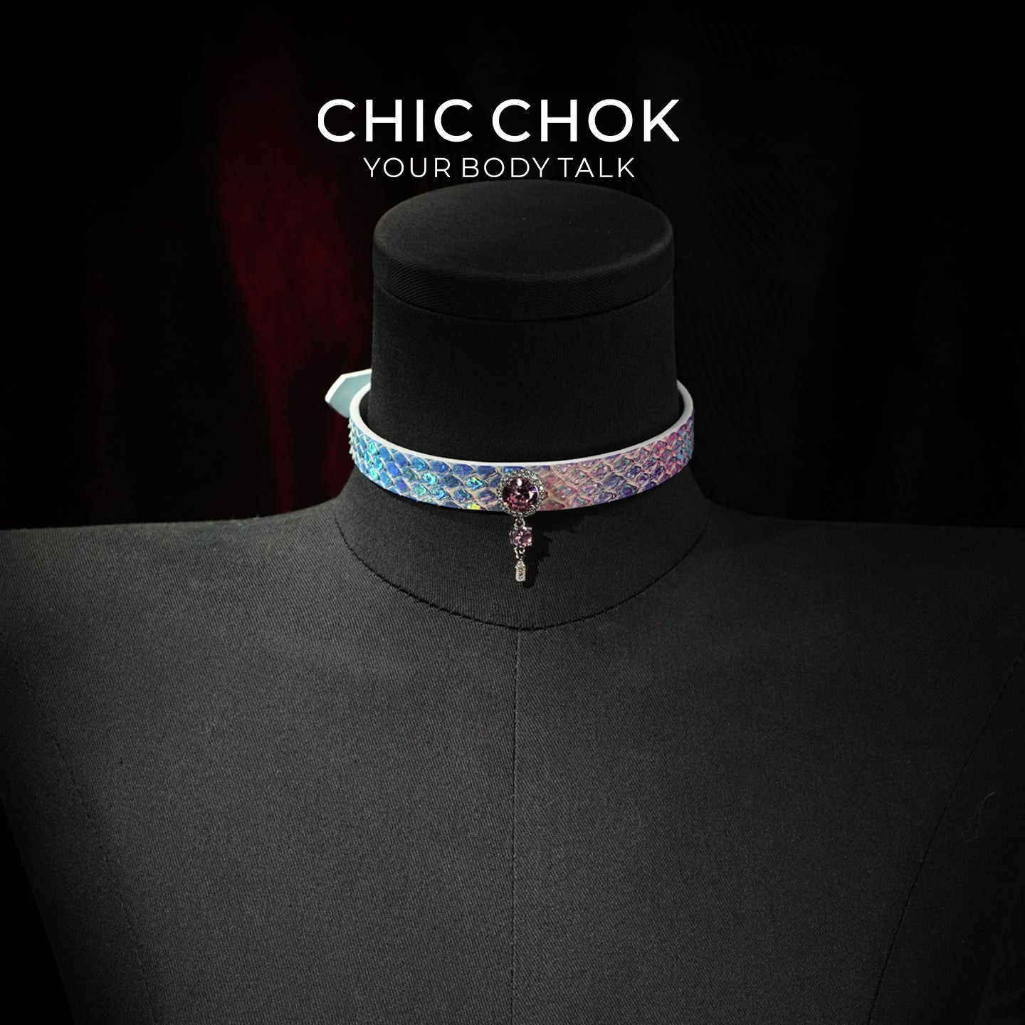 CHIC CHOK Rainbow Iridescent Snakeskin Necklace, Crystal Gemstone Pendant, Dazzling Python Skin Choker.