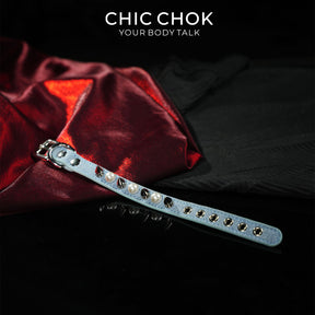 CHICCHOK Hidden Edge Denim Spiked Pearl Bracelet | Gothic Light Blue Washed Canvas Cuff | Y2K Cyberpunk Punk Rock Metal Studded Wristband for Sensitive Skin