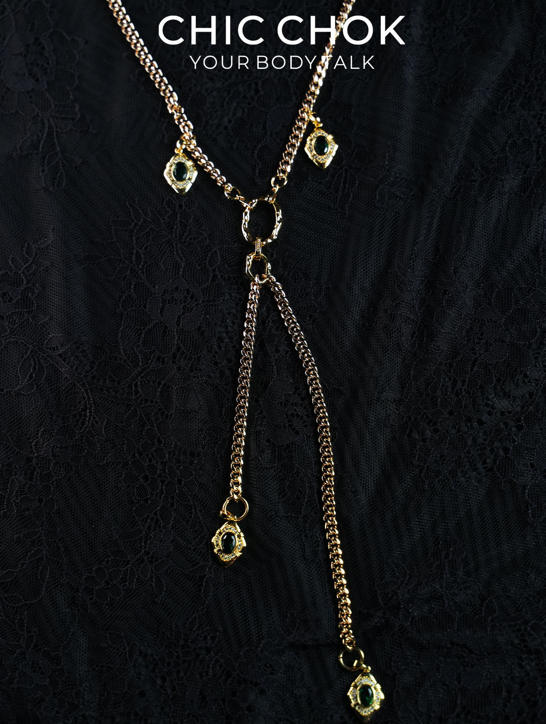 CHICCHOK Gilded Emerald Vigil Y-Lariat Necklace | Handcrafted Titanium Steel Multi-Layer Cuban Chain | Luxury Baroque Green Zircon Pendant Gothic Jewelry