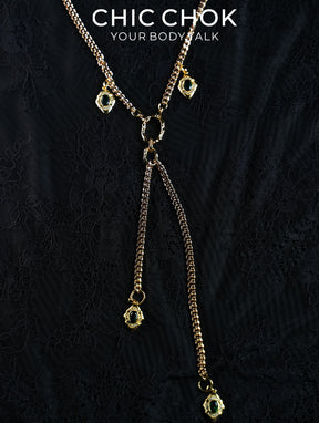 CHICCHOK Gilded Emerald Vigil Y-Lariat Necklace | Handcrafted Titanium Steel Multi-Layer Cuban Chain | Luxury Baroque Green Zircon Pendant Gothic Jewelry