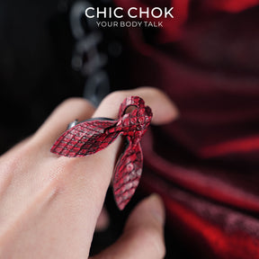 CHICCHOK Crimson Viper Rabbit Ring | Genuine Burgundy Snakeskin Statement Ring | Vampire Goth Leather Jewelry