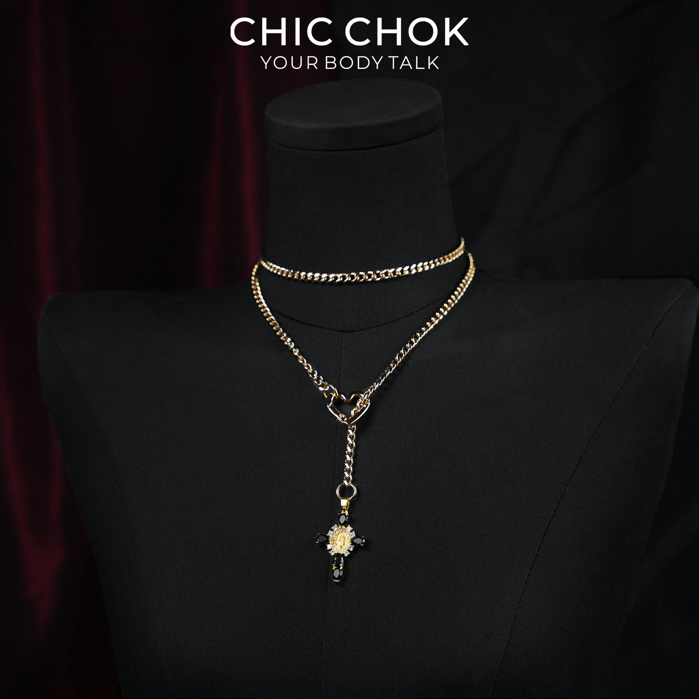CHICCHOK Sacred Heart Emerald Shadow Y-Lariat Necklace | Gold Plated Baroque Cross Choker | Luxury Zircon Gothic Body Jewelry