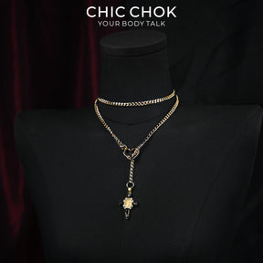 CHICCHOK Sacred Heart Emerald Shadow Y-Lariat Necklace | Gold Plated Baroque Cross Choker | Luxury Zircon Gothic Body Jewelry