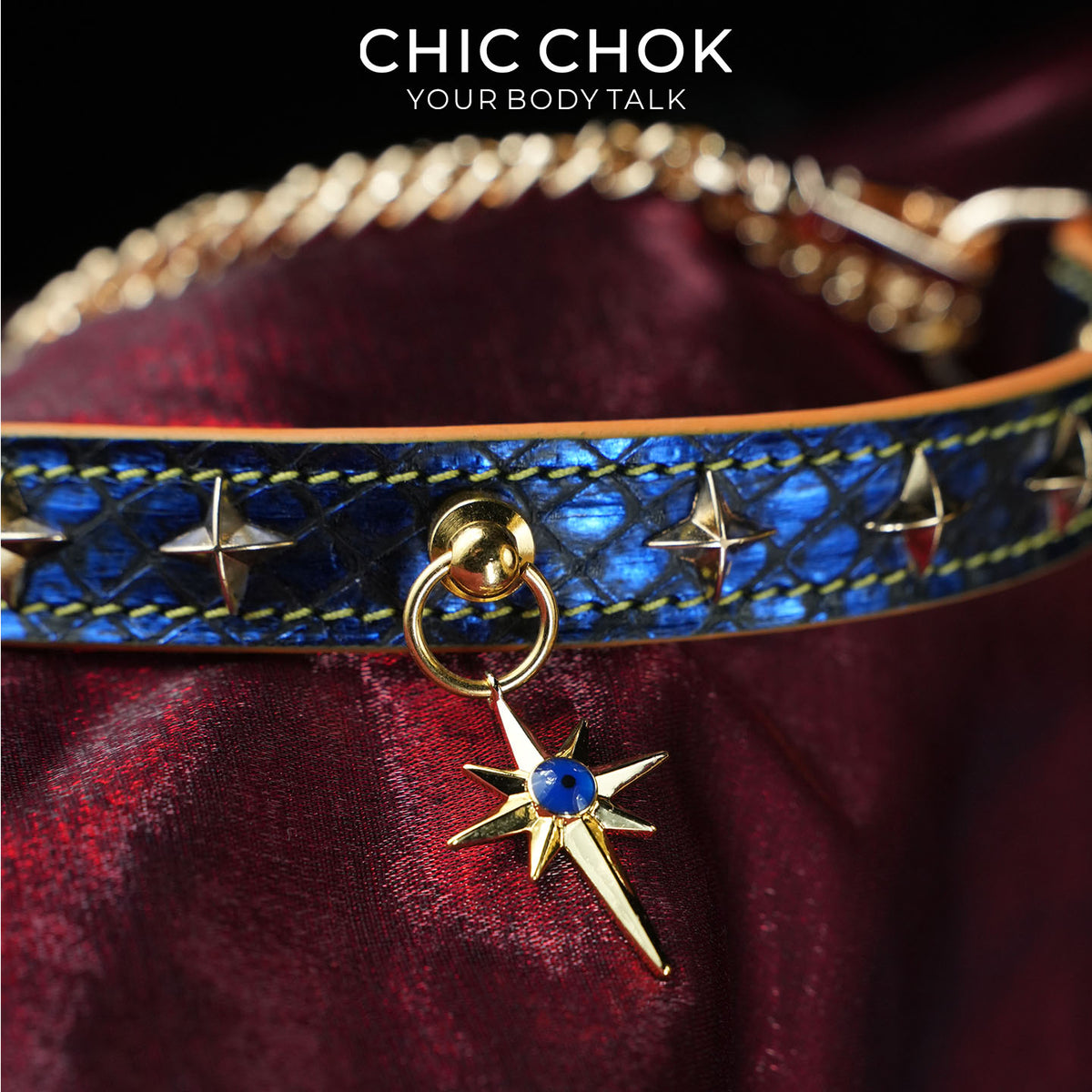 CHICCHOK Breathless Tarot | Choker in pelle blu serpente | Collare dorato con stella ottagramma