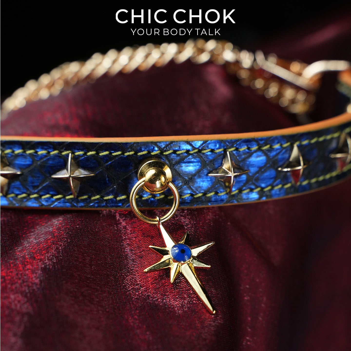 CHICCHOK Tarot Breathless | Choker de couro de cobra azul | Coleira com estrela octagrama dourada