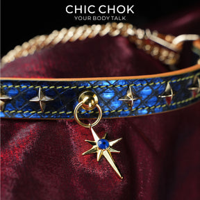 CHICCHOK Tarot Breathless | Choker de couro de cobra azul | Coleira com estrela octagrama dourada